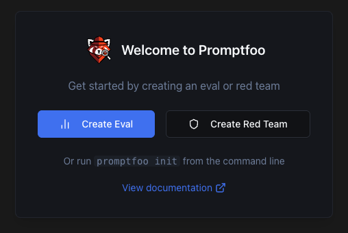 Promptfoo home screen with options for Eval and Red Team