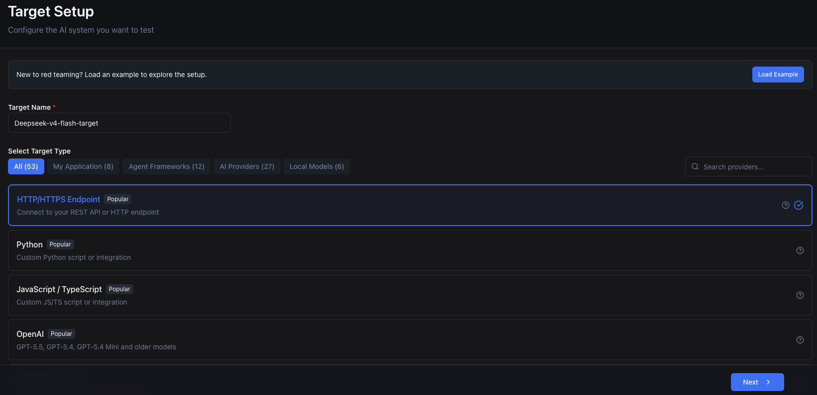 Target setup screen with HTTP/HTTPS Endpoint selected
