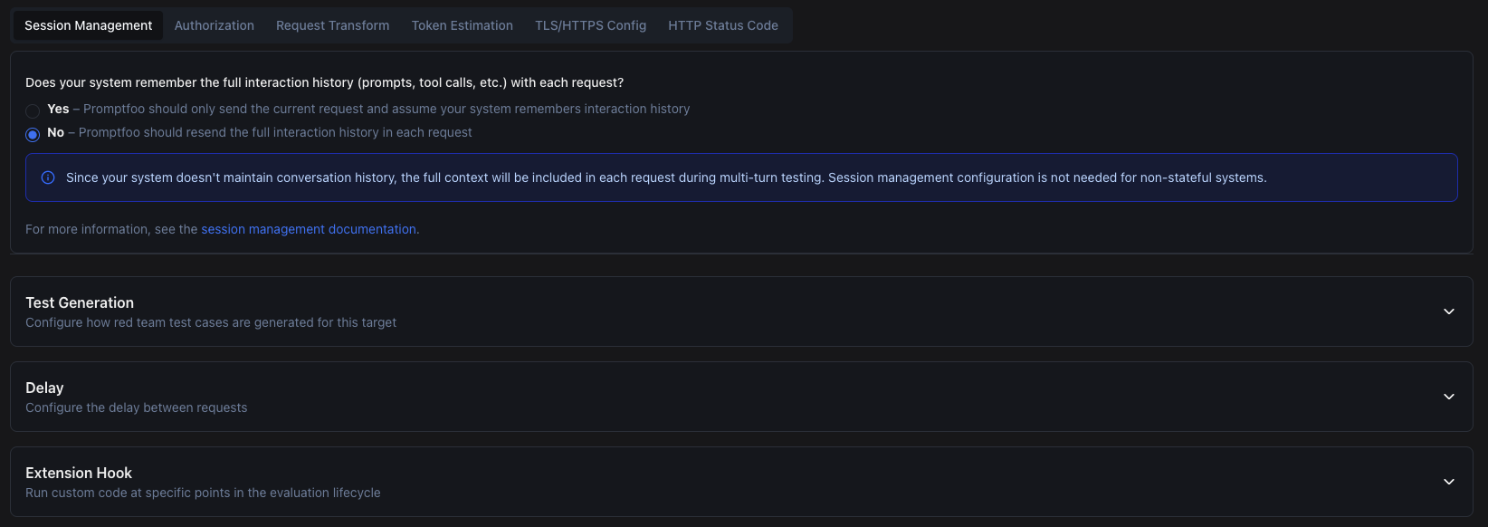 Model API configuration panel for session management and auth