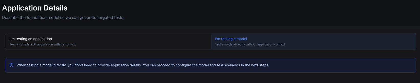 Application details step with 'I'm testing a model' selected