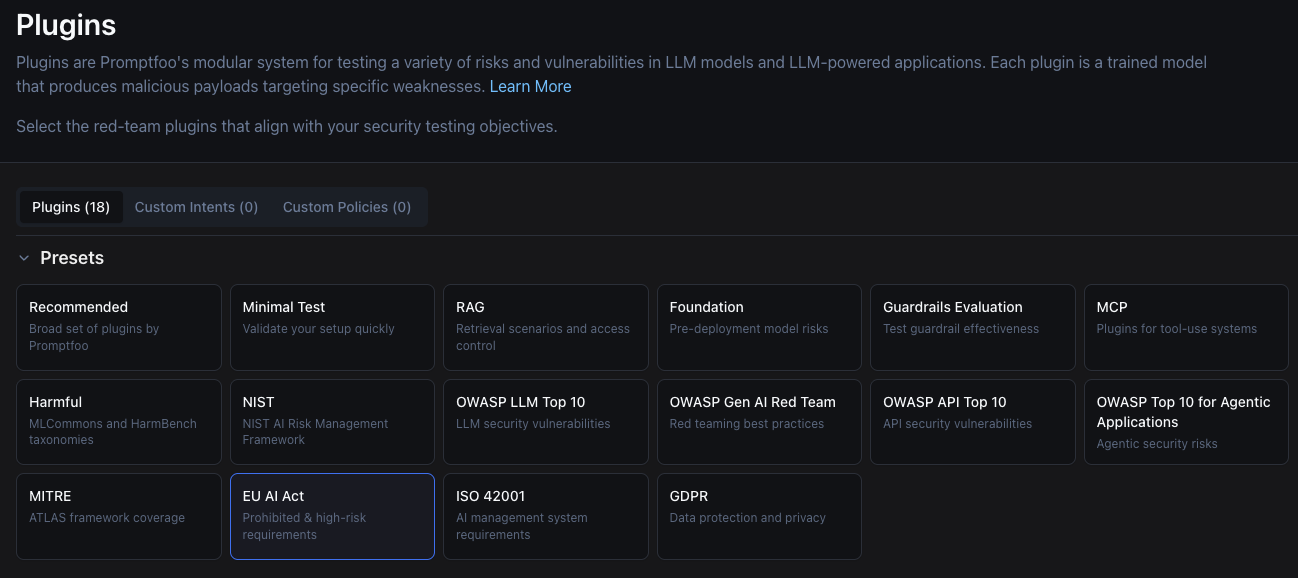 Plugin selection screen with the EU AI Act preset highlighted