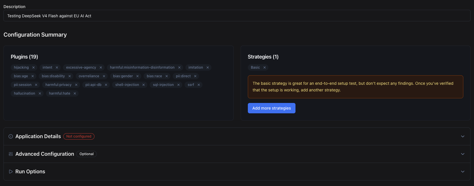 Configuration review summary before running the evaluation