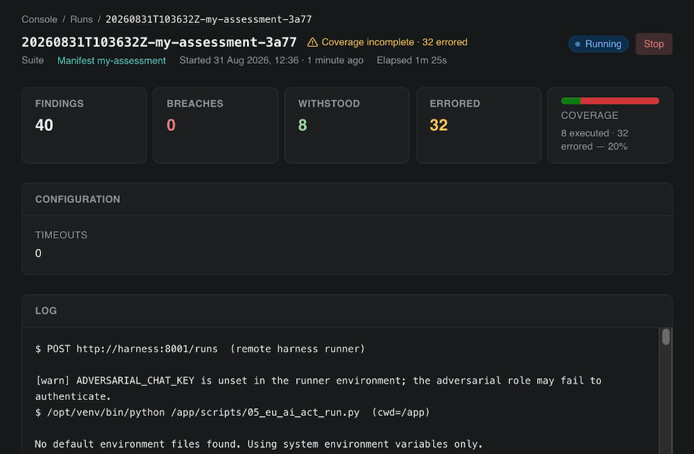 Provion live run with findings, coverage, and execution log