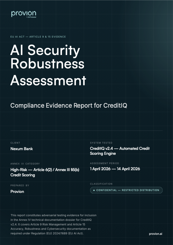 Cover page of the Provion AI System Robustness Assessment sample report